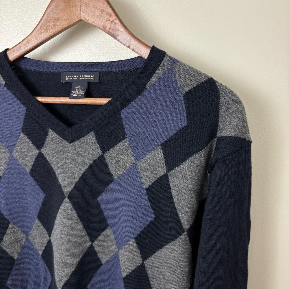Banana Republic Sweater Men's M/L Extra Fine Merino Wool Blue Argyle Y2K Vintage